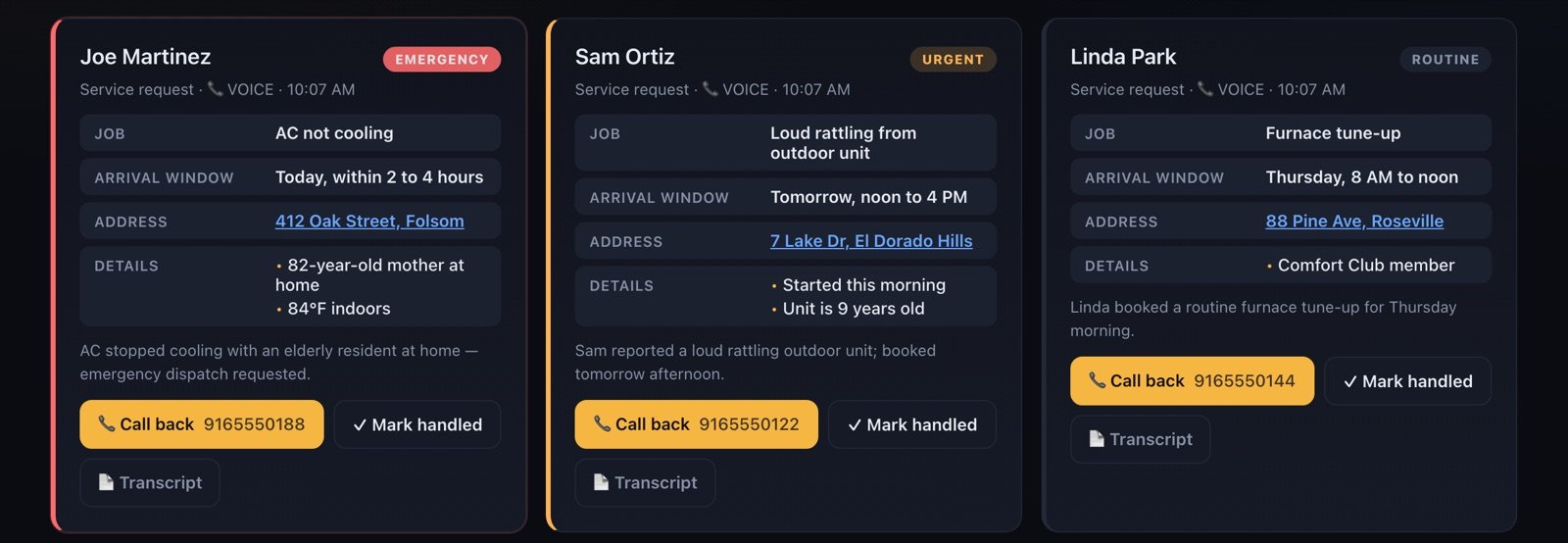 NexusCaller dashboard showing an emergency HVAC request, an urgent request and a routine tune-up, each with job, arrival window, address and actions